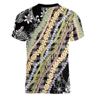 Black Palaka Hawaii Leis Women V-Neck T-Shirt Hawaiian-plaid Elegant Tropical Vibes LT14 - Polynesian Pride