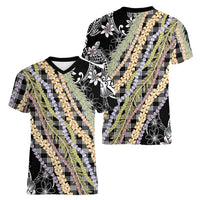 Black Palaka Hawaii Leis Women V-Neck T-Shirt Hawaiian-plaid Elegant Tropical Vibes LT14 - Polynesian Pride