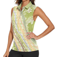 Green Palaka Hawaii Leis Women Sleeveless Polo Shirt - Hawaiian Plaid Elegant Tropical Vibes LT14 - Polynesian Pride