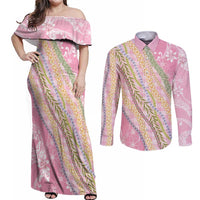 Pink Palaka Hawaii Leis Couples Matching Off Shoulder Maxi Dress and Long Sleeve Button Shirt Hawaiian-plaid Elegant Tropical Vibes LT14 Pink - Polynesian Pride
