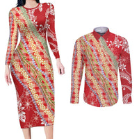 Red Palaka Hawaii Leis Couples Matching Long Sleeve Bodycon Dress and Long Sleeve Button Shirt Hawaiian-plaid Elegant Tropical Vibes LT14 Red - Polynesian Pride