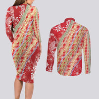 Red Palaka Hawaii Leis Couples Matching Long Sleeve Bodycon Dress and Long Sleeve Button Shirt Hawaiian-plaid Elegant Tropical Vibes LT14 - Polynesian Pride