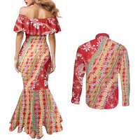 Red Palaka Hawaii Leis Couples Matching Mermaid Dress and Long Sleeve Button Shirt Hawaiian-plaid Elegant Tropical Vibes LT14 - Polynesian Pride
