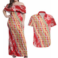 Red Palaka Hawaii Leis Couples Matching Off Shoulder Maxi Dress and Hawaiian Shirt Hawaiian-plaid Elegant Tropical Vibes LT14 Red - Polynesian Pride