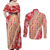 Red Palaka Hawaii Leis Couples Matching Off Shoulder Maxi Dress and Long Sleeve Button Shirt Hawaiian-plaid Elegant Tropical Vibes LT14 - Polynesian Pride