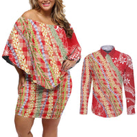 Red Palaka Hawaii Leis Couples Matching Off Shoulder Short Dress and Long Sleeve Button Shirt Hawaiian-plaid Elegant Tropical Vibes LT14 Red - Polynesian Pride
