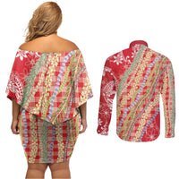 Red Palaka Hawaii Leis Couples Matching Off Shoulder Short Dress and Long Sleeve Button Shirt Hawaiian-plaid Elegant Tropical Vibes LT14 - Polynesian Pride