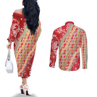 Red Palaka Hawaii Leis Couples Matching Off The Shoulder Long Sleeve Dress and Long Sleeve Button Shirt Hawaiian-plaid Elegant Tropical Vibes LT14 - Polynesian Pride