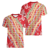 Red Palaka Hawaii Leis Women V-Neck T-Shirt Hawaiian-plaid Elegant Tropical Vibes LT14 - Polynesian Pride