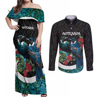 Personalised Valentine's Day New Zealand Couples Matching Off Shoulder Maxi Dress and Long Sleeve Button Shirt Tui Bird Couple Kowhaiwhai Mix Pohutukawa LT14 Black - Polynesian Pride