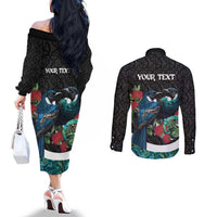 Personalised Valentine's Day New Zealand Couples Matching Off The Shoulder Long Sleeve Dress and Long Sleeve Button Shirt Tui Bird Couple Kowhaiwhai Mix Pohutukawa LT14 - Polynesian Pride