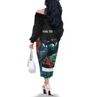 Personalised Valentine's Day New Zealand Family Matching Off The Shoulder Long Sleeve Dress and Hawaiian Shirt Tui Bird Couple Kowhaiwhai Mix Pohutukawa LT14 - Polynesian Pride