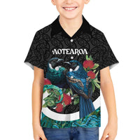 Personalised Valentine's Day New Zealand Family Matching Off The Shoulder Long Sleeve Dress and Hawaiian Shirt Tui Bird Couple Kowhaiwhai Mix Pohutukawa LT14 Son's Shirt Black - Polynesian Pride