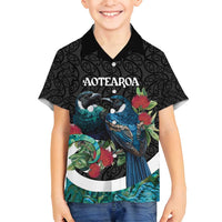 Personalised Valentine's Day New Zealand Family Matching Off Shoulder Maxi Dress and Hawaiian Shirt Tui Bird Couple Kowhaiwhai Mix Pohutukawa LT14 Son's Shirt Black - Polynesian Pride