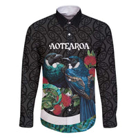 Personalised Valentine's Day New Zealand Family Matching Off Shoulder Short Dress and Hawaiian Shirt Tui Bird Couple Kowhaiwhai Mix Pohutukawa LT14 Dad's Shirt - Long Sleeve Black - Polynesian Pride