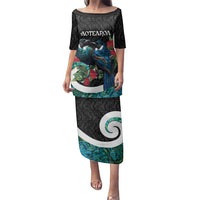 Personalised Valentine's Day New Zealand Family Matching Puletasi and Hawaiian Shirt Tui Bird Couple Kowhaiwhai Mix Pohutukawa LT14 Mom's Dress Black - Polynesian Pride