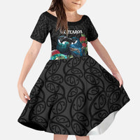 Personalised Valentine's Day New Zealand Kid Short Sleeve Dress Tui Bird Couple Kowhaiwhai Mix Pohutukawa LT14 KID Black - Polynesian Pride