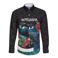 Personalised Valentine's Day New Zealand Long Sleeve Button Shirt Tui Bird Couple Kowhaiwhai Mix Pohutukawa LT14 Unisex Black - Polynesian Pride