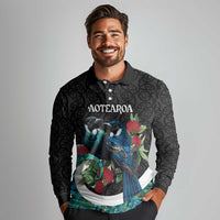 Personalised Valentine's Day New Zealand Long Sleeve Polo Shirt Tui Bird Couple Kowhaiwhai Mix Pohutukawa LT14 - Polynesian Pride