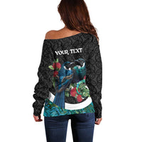 Personalised Valentine's Day New Zealand Off Shoulder Sweater Tui Bird Couple Kowhaiwhai Mix Pohutukawa LT14 - Polynesian Pride