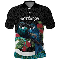 Personalised Valentine's Day New Zealand Polo Shirt Tui Bird Couple Kowhaiwhai Mix Pohutukawa LT14 Black - Polynesian Pride