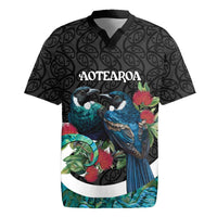 Personalised Valentine's Day New Zealand Rugby Jersey Tui Bird Couple Kowhaiwhai Mix Pohutukawa LT14 Black - Polynesian Pride