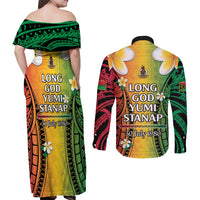 Vanuatu Independence Day Couples Matching Off Shoulder Maxi Dress and Long Sleeve Button Shirt Long God Yumi Stanap Happy 45th Anniversary LT14 - Polynesian Pride