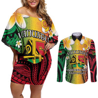 Vanuatu Independence Day Couples Matching Off Shoulder Short Dress and Long Sleeve Button Shirt Long God Yumi Stanap Happy 45th Anniversary LT14 Reggae - Polynesian Pride