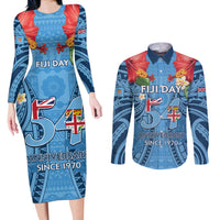Fiji Day Couples Matching Long Sleeve Bodycon Dress and Long Sleeve Button Shirt Happy 54 Years Of Independence Tapa Pattern Blue LT14 Blue - Polynesian Pride