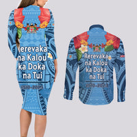 Fiji Day Couples Matching Long Sleeve Bodycon Dress and Long Sleeve Button Shirt Happy 54 Years Of Independence Tapa Pattern Blue LT14 - Polynesian Pride