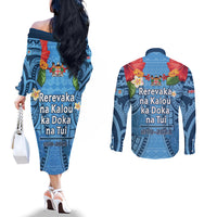 Fiji Day Couples Matching Off The Shoulder Long Sleeve Dress and Long Sleeve Button Shirt Happy 54 Years Of Independence Tapa Pattern Blue LT14 - Polynesian Pride