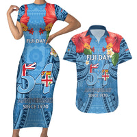 Fiji Day Couples Matching Short Sleeve Bodycon Dress and Hawaiian Shirt Happy 54 Years Of Independence Tapa Pattern Blue LT14 Blue - Polynesian Pride