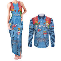 Fiji Day Couples Matching Tank Maxi Dress and Long Sleeve Button Shirt Happy 54 Years Of Independence Tapa Pattern Blue LT14 Blue - Polynesian Pride