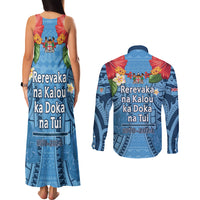 Fiji Day Couples Matching Tank Maxi Dress and Long Sleeve Button Shirt Happy 54 Years Of Independence Tapa Pattern Blue LT14 - Polynesian Pride