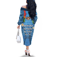 Fiji Day Family Matching Off The Shoulder Long Sleeve Dress and Hawaiian Shirt Happy 54 Years Of Independence Tapa Pattern Blue LT14 - Polynesian Pride