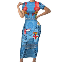 Fiji Day Family Matching Short Sleeve Bodycon Dress and Hawaiian Shirt Happy 54 Years Of Independence Tapa Pattern Blue LT14 Mom's Dress Blue - Polynesian Pride