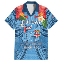 Fiji Day Family Matching Tank Maxi Dress and Hawaiian Shirt Happy 54 Years Of Independence Tapa Pattern Blue LT14 Dad's Shirt - Short Sleeve Blue - Polynesian Pride
