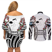Fiji Day Couples Matching Off Shoulder Short Dress and Long Sleeve Button Shirt Happy 54 Years Of Independence Tapa Pattern White