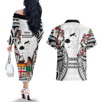 Fiji Day Couples Matching Off The Shoulder Long Sleeve Dress and Hawaiian Shirt Happy 54 Years Of Independence Tapa Pattern White LT14 - Polynesian Pride