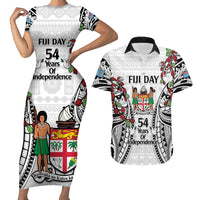 Fiji Day Couples Matching Short Sleeve Bodycon Dress and Hawaiian Shirt Happy 54 Years Of Independence Tapa Pattern White LT14 White - Polynesian Pride
