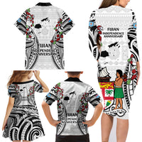 Fiji Day Family Matching Long Sleeve Bodycon Dress and Hawaiian Shirt Happy 54 Years Of Independence Tapa Pattern White LT14 - Polynesian Pride