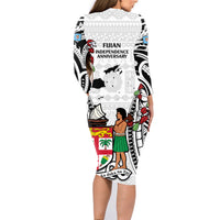 Fiji Day Family Matching Long Sleeve Bodycon Dress and Hawaiian Shirt Happy 54 Years Of Independence Tapa Pattern White LT14 - Polynesian Pride