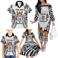 Fiji Day Family Matching Off The Shoulder Long Sleeve Dress and Hawaiian Shirt Happy 54 Years Of Independence Tapa Pattern White LT14 - Polynesian Pride