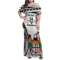 Fiji Day Family Matching Off Shoulder Maxi Dress and Hawaiian Shirt Happy 54 Years Of Independence Tapa Pattern White LT14 Mom's Dress White - Polynesian Pride