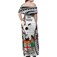 Fiji Day Family Matching Off Shoulder Maxi Dress and Hawaiian Shirt Happy 54 Years Of Independence Tapa Pattern White LT14 - Polynesian Pride