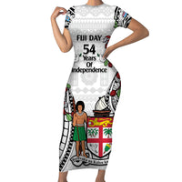 Fiji Day Family Matching Short Sleeve Bodycon Dress and Hawaiian Shirt Happy 54 Years Of Independence Tapa Pattern White LT14 Mom's Dress White - Polynesian Pride