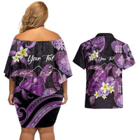 Personalised Aloha Hawaii Kauai Island Couples Matching Off Shoulder Short Dress and Hawaiian Shirt Garden Isle Map Sea Turtle Plumeria