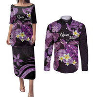Personalised Aloha Hawaii Kauai Island Couples Matching Puletasi and Long Sleeve Button Shirt Garden Isle Map Sea Turtle Plumeria LT14 Purple - Polynesian Pride
