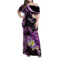 Personalised Aloha Hawaii Kauai Island Family Matching Off Shoulder Maxi Dress and Hawaiian Shirt Garden Isle Map Sea Turtle Plumeria LT14 Mom's Dress Purple - Polynesian Pride