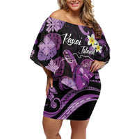 Personalised Aloha Hawaii Kauai Island Off Shoulder Short Dress Garden Isle Map Sea Turtle Plumeria LT14 Women Purple - Polynesian Pride